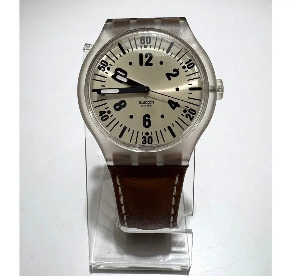 Ultra Rare Vintage 2002 Swatch Watch Khaki Brown Field Transparent Caseback 43mm